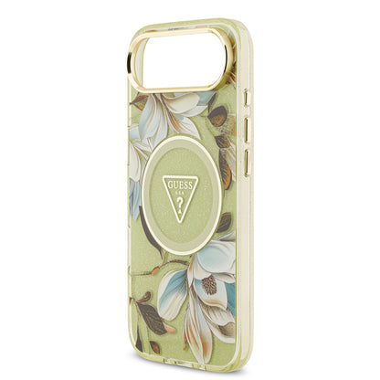 Apple iPhone 17 Air Kılıf Guess Orjinal Lisanslı M-safe Şarj Özellikli Simli Çiçek Desenli Metal Kamera Çerçeveli Üçgen Logolu Kapak Siyah