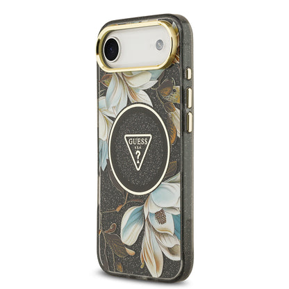 Apple iPhone 17 Air Kılıf Guess Orjinal Lisanslı M-safe Şarj Özellikli Simli Çiçek Desenli Metal Kamera Çerçeveli Üçgen Logolu Kapak Yeşil