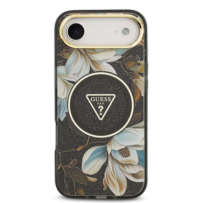 Apple iPhone 17 Air Kılıf Guess Orjinal Lisanslı M-safe Şarj Özellikli Simli Çiçek Desenli Metal Kamera Çerçeveli Üçgen Logolu Kapak Yeşil