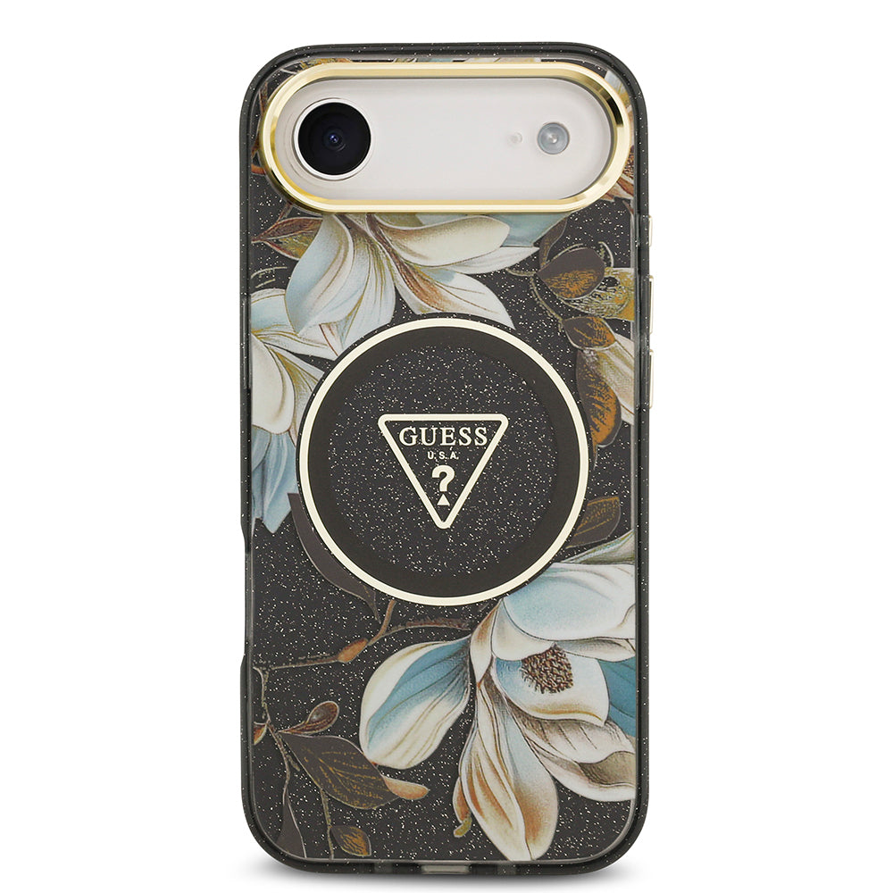 Apple iPhone 17 Air Kılıf Guess Orjinal Lisanslı M-safe Şarj Özellikli Simli Çiçek Desenli Metal Kamera Çerçeveli Üçgen Logolu Kapak Siyah