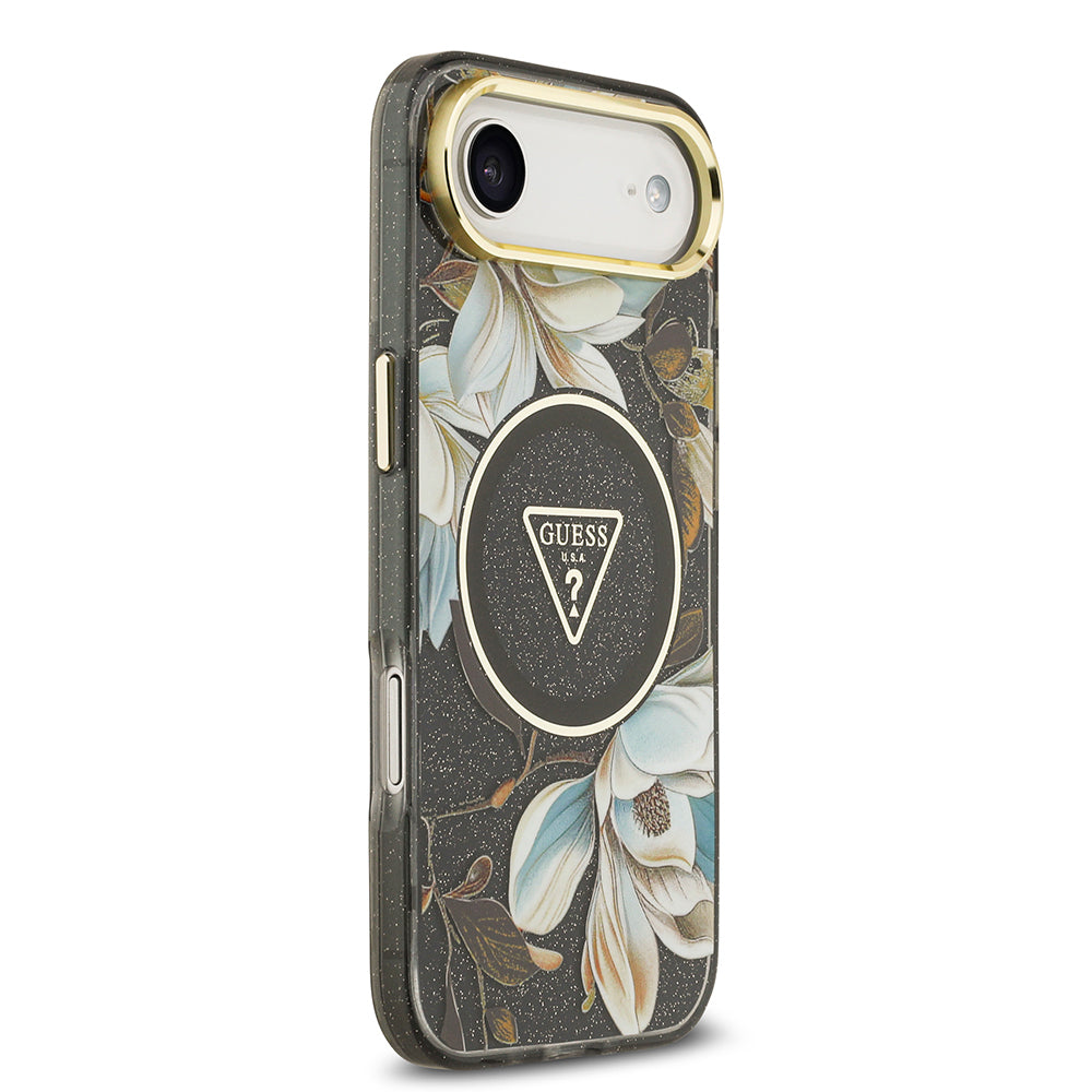 Apple iPhone 17 Air Kılıf Guess Orjinal Lisanslı M-safe Şarj Özellikli Simli Çiçek Desenli Metal Kamera Çerçeveli Üçgen Logolu Kapak Mor