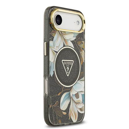Apple iPhone 17 Air Kılıf Guess Orjinal Lisanslı M-safe Şarj Özellikli Simli Çiçek Desenli Metal Kamera Çerçeveli Üçgen Logolu Kapak Mor