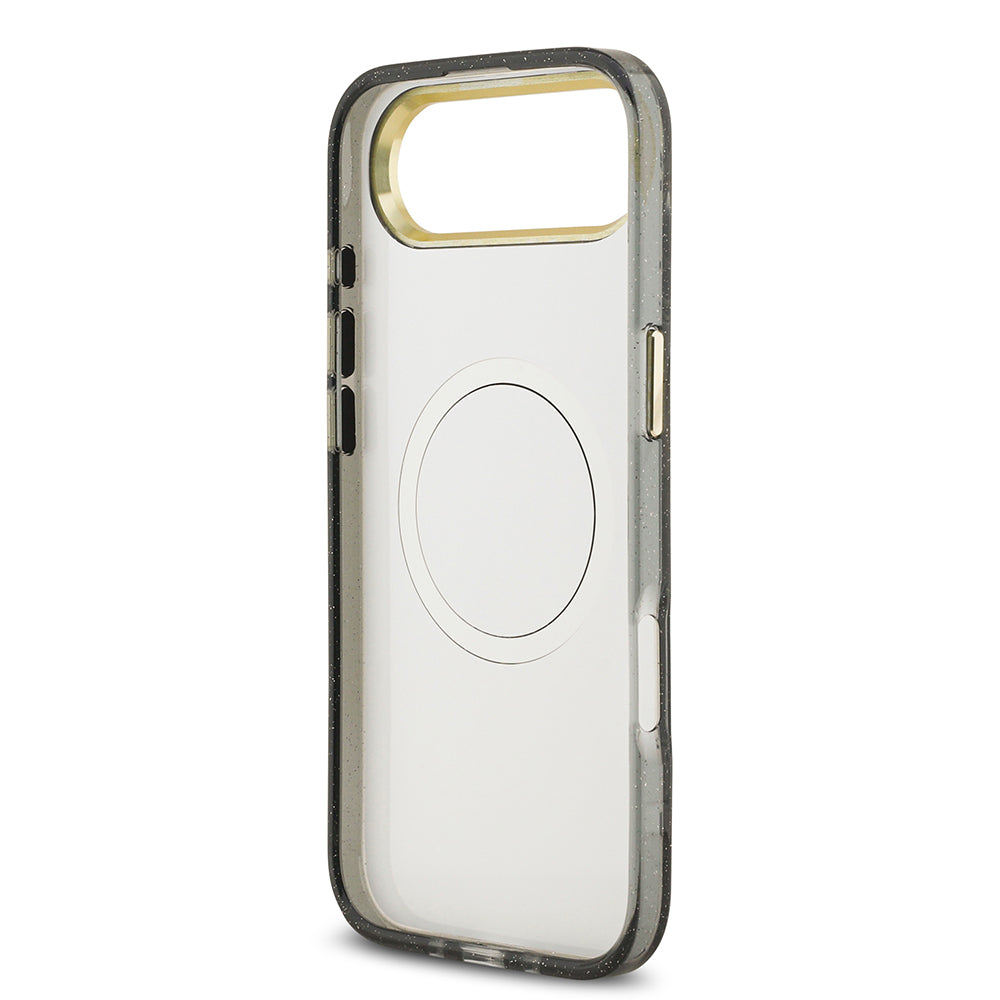 Apple iPhone 17 Air Kılıf Guess Orjinal Lisanslı M-safe Şarj Özellikli Simli Çiçek Desenli Metal Kamera Çerçeveli Üçgen Logolu Kapak Siyah