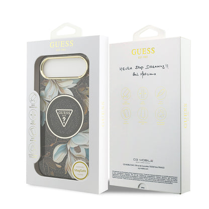 Apple iPhone 17 Air Kılıf Guess Orjinal Lisanslı M-safe Şarj Özellikli Simli Çiçek Desenli Metal Kamera Çerçeveli Üçgen Logolu Kapak Yeşil