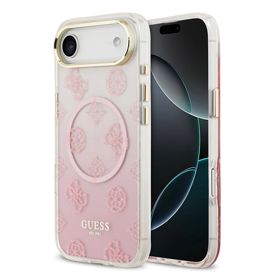 Apple iPhone 17 Air Kılıf Guess Orjinal Lisanslı M-safe Şarj Özellikli Simli Peony Desenli Silikon Kapak Pembe