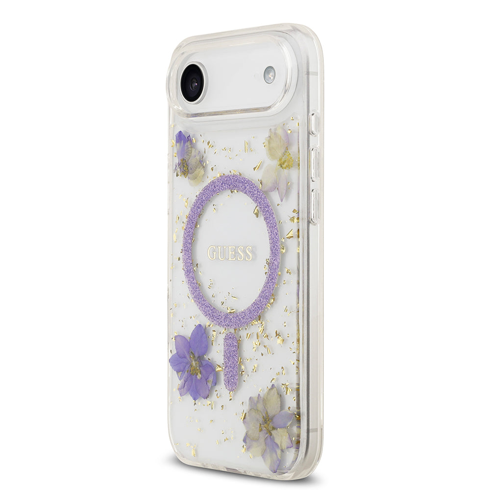 Apple iPhone 17 Air Kılıf Guess Orjinal Lisanslı M-safe Şarj Özellikli Transparan Resin Flowers Kapak Pembe