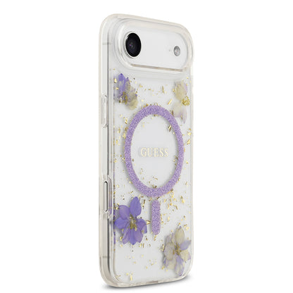 Apple iPhone 17 Air Kılıf Guess Orjinal Lisanslı M-safe Şarj Özellikli Transparan Resin Flowers Kapak Mor