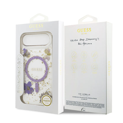 Apple iPhone 17 Air Kılıf Guess Orjinal Lisanslı M-safe Şarj Özellikli Transparan Resin Flowers Kapak Mor