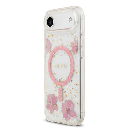 Apple iPhone 17 Air Kılıf Guess Orjinal Lisanslı M-safe Şarj Özellikli Transparan Resin Flowers Kapak Pembe