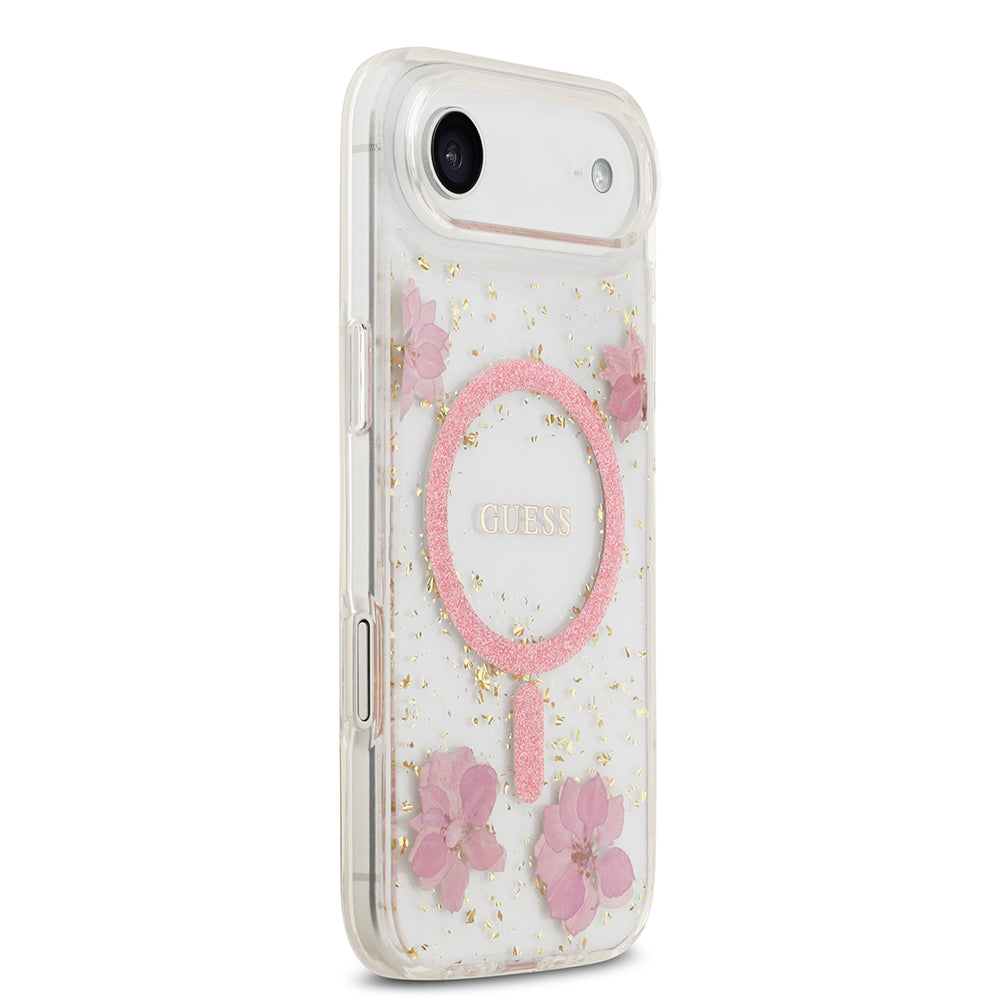Apple iPhone 17 Air Kılıf Guess Orjinal Lisanslı M-safe Şarj Özellikli Transparan Resin Flowers Kapak Mor