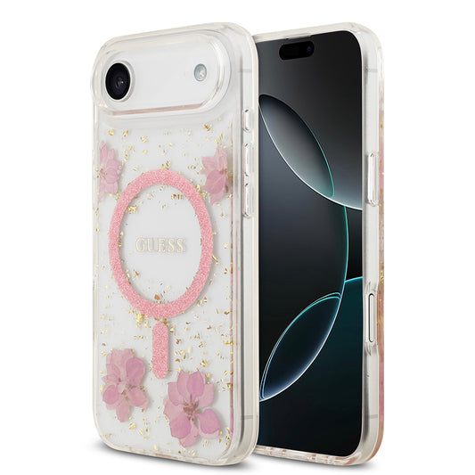 Apple iPhone 17 Air Kılıf Guess Orjinal Lisanslı M-safe Şarj Özellikli Transparan Resin Flowers Kapak Pembe