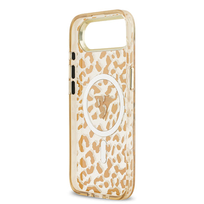 Apple iPhone 17 Air Kılıf Guess Orjinal Lisanslı M-safe Şarj Özellikli Üçgen Logolu Simli Leopar Desenli Kapak Kahverengi