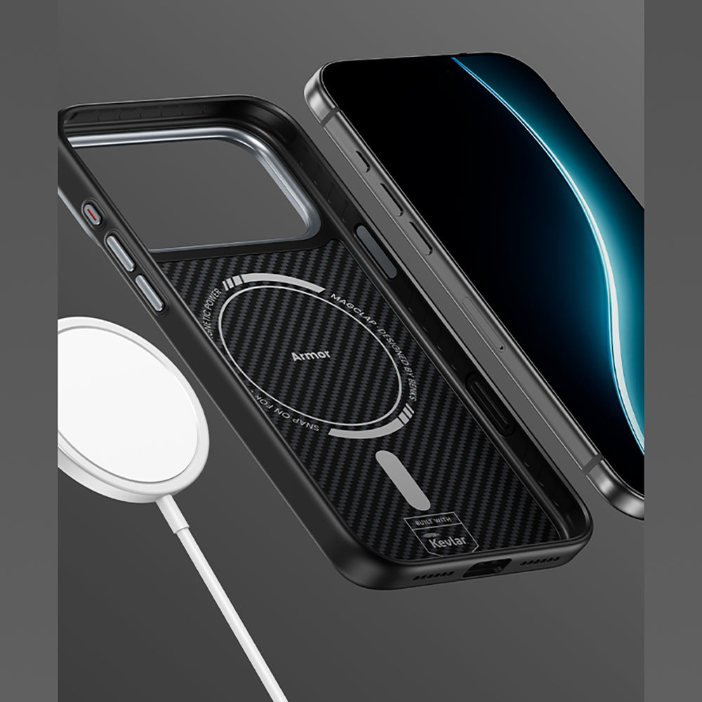 Apple iPhone 17 Air Kılıf Karbon Fiber M-safe Şarj Özellikli Benks Hybrid ArmorPro 600D Kevlar Kapak Siyah