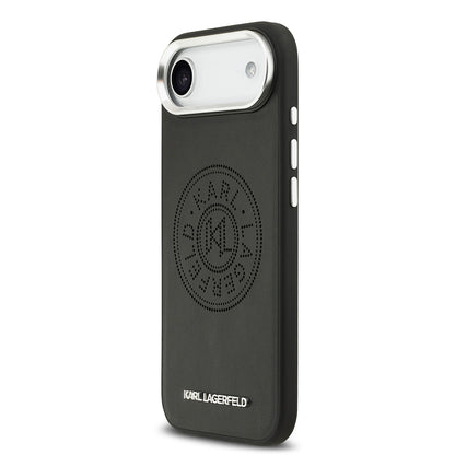 Apple iPhone 17 Air Kılıf Karl Lagerfeld Orjinal Lisanslı M-safe Şarj Özellikli Delikli Tasarım Metal Logolu PU Deri Kapak Siyah