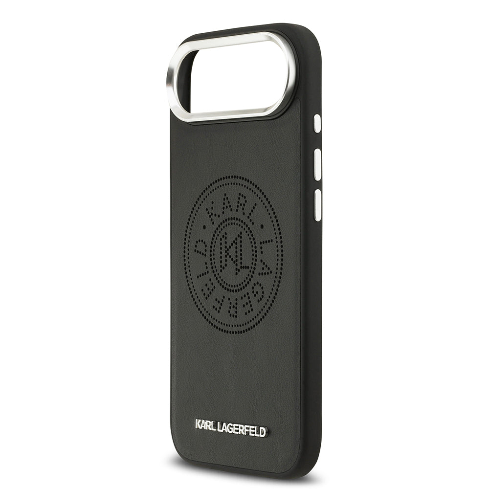 Apple iPhone 17 Air Kılıf Karl Lagerfeld Orjinal Lisanslı M-safe Şarj Özellikli Delikli Tasarım Metal Logolu PU Deri Kapak Siyah