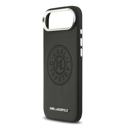 Apple iPhone 17 Air Kılıf Karl Lagerfeld Orjinal Lisanslı M-safe Şarj Özellikli Delikli Tasarım Metal Logolu PU Deri Kapak Siyah