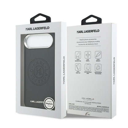 Apple iPhone 17 Air Kılıf Karl Lagerfeld Orjinal Lisanslı M-safe Şarj Özellikli Delikli Tasarım Metal Logolu PU Deri Kapak Siyah