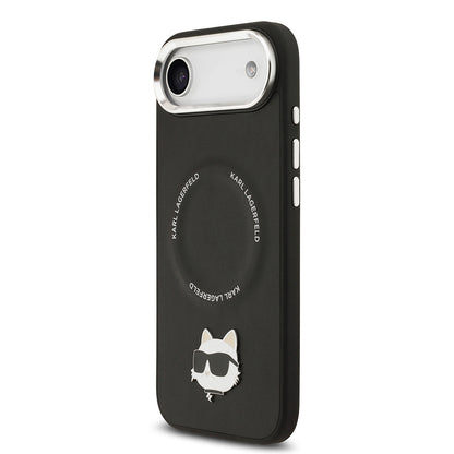 Apple iPhone 17 Air Kılıf Karl Lagerfeld Orjinal Lisanslı M-safe Şarj Özellikli Metal Kamera ve Buton Tasarımlı Choupette PU Deri Kapak Siyah