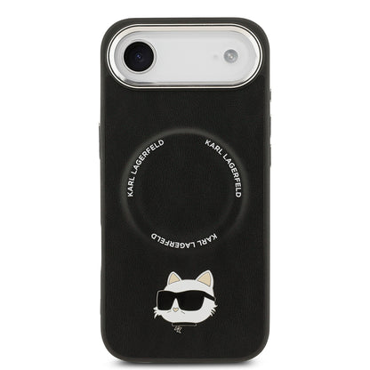 Apple iPhone 17 Air Kılıf Karl Lagerfeld Orjinal Lisanslı M-safe Şarj Özellikli Metal Kamera ve Buton Tasarımlı Choupette PU Deri Kapak Siyah