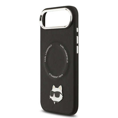 Apple iPhone 17 Air Kılıf Karl Lagerfeld Orjinal Lisanslı M-safe Şarj Özellikli Metal Kamera ve Buton Tasarımlı Choupette PU Deri Kapak Siyah