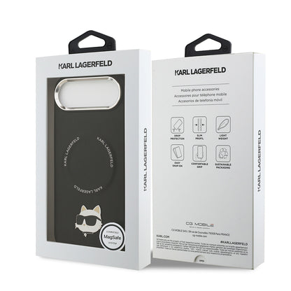 Apple iPhone 17 Air Kılıf Karl Lagerfeld Orjinal Lisanslı M-safe Şarj Özellikli Metal Kamera ve Buton Tasarımlı Choupette PU Deri Kapak Siyah