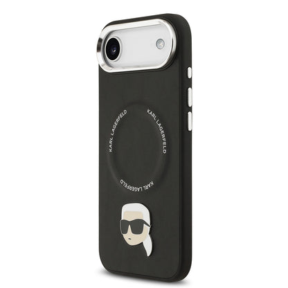 Apple iPhone 17 Air Kılıf Karl Lagerfeld Orjinal Lisanslı M-safe Şarj Özellikli Metal Kamera ve Buton Tasarımlı Karl PU Deri Kapak Siyah
