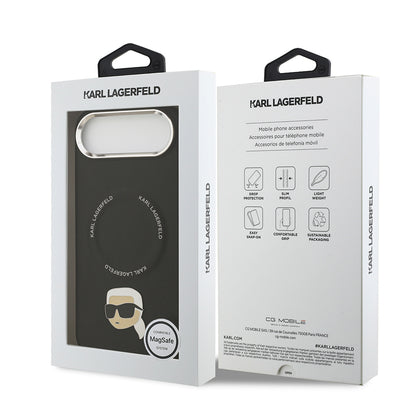 Apple iPhone 17 Air Kılıf Karl Lagerfeld Orjinal Lisanslı M-safe Şarj Özellikli Metal Kamera ve Buton Tasarımlı Karl PU Deri Kapak Siyah