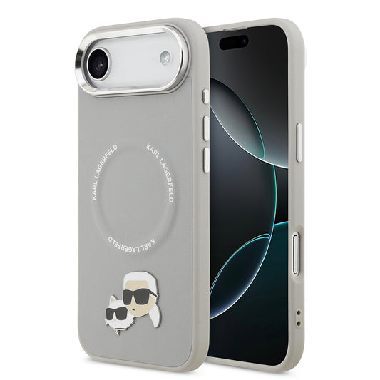 Apple iPhone 17 Air Kılıf Karl Lagerfeld Orjinal Lisanslı M-safe Şarj Özellikli Metal Kamera ve Buton Tasarımlı K&C PU Deri Kapak Gri