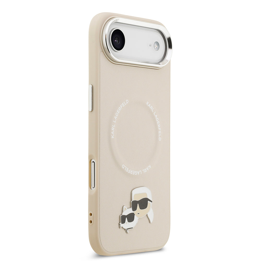 Apple iPhone 17 Air Kılıf Karl Lagerfeld Orjinal Lisanslı M-safe Şarj Özellikli Metal Kamera ve Buton Tasarımlı K&C PU Deri Kapak Bej