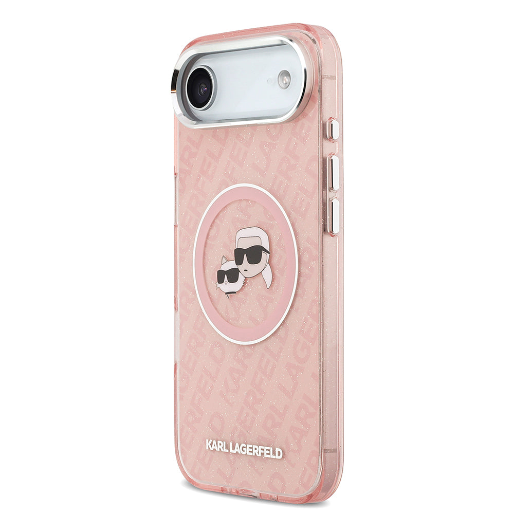 Apple iPhone 17 Air Kılıf Karl Lagerfeld Orjinal Lisanslı Parlayan Simli Karl & Choupette Heads Kapak Pembe