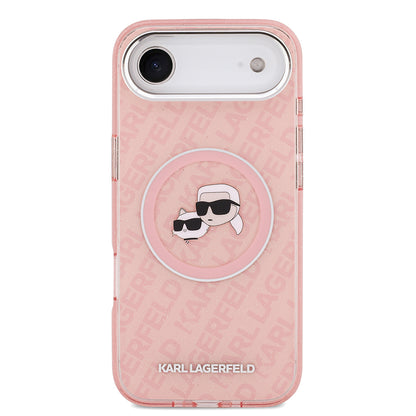 Apple iPhone 17 Air Kılıf Karl Lagerfeld Orjinal Lisanslı Parlayan Simli Karl & Choupette Heads Kapak Pembe