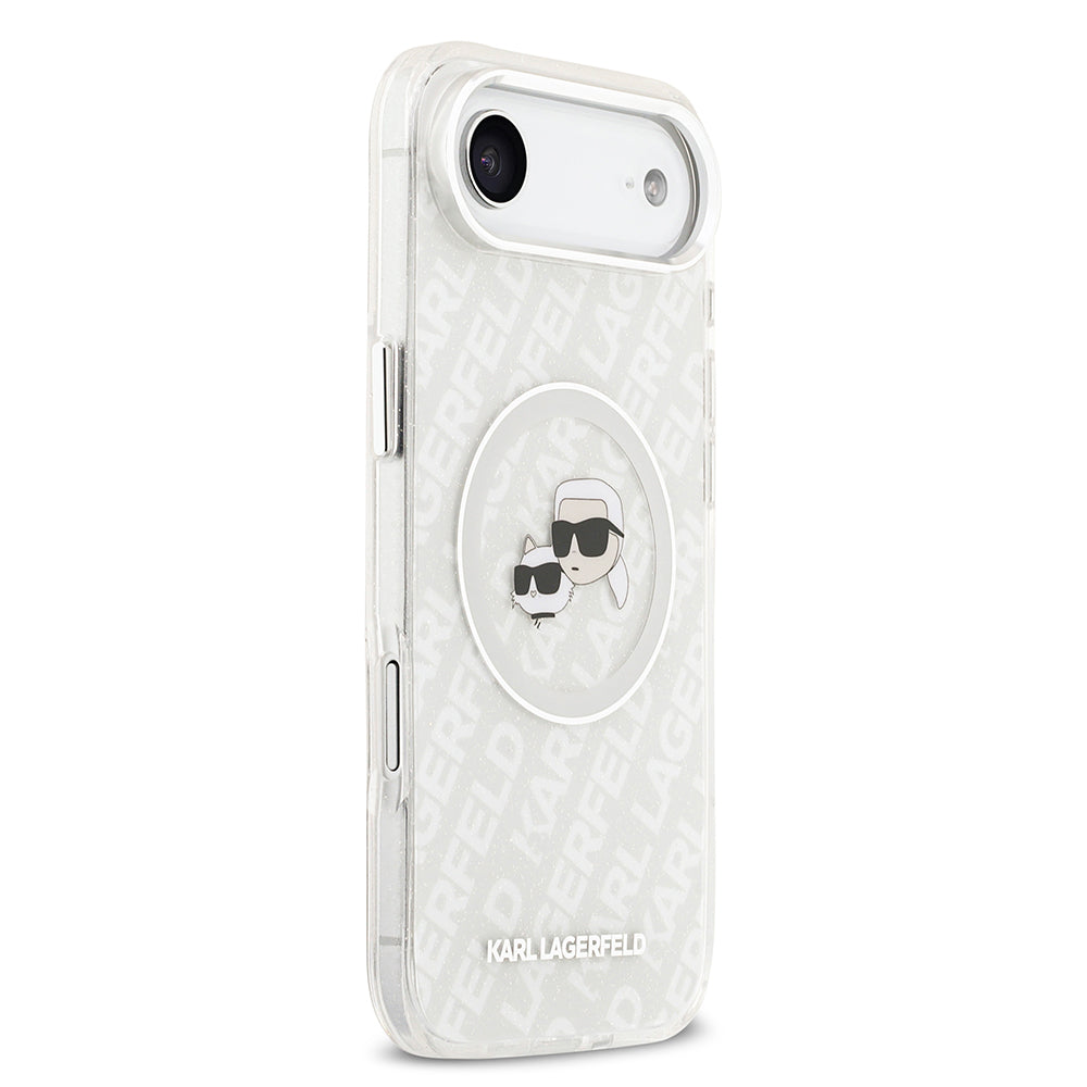 Apple iPhone 17 Air Kılıf Karl Lagerfeld Orjinal Lisanslı Parlayan Simli Karl & Choupette Heads Kapak Gri