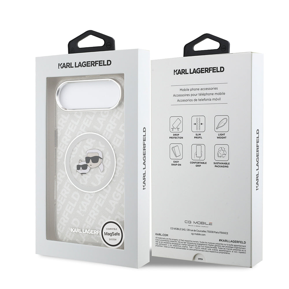 Apple iPhone 17 Air Kılıf Karl Lagerfeld Orjinal Lisanslı Parlayan Simli Karl & Choupette Heads Kapak Pembe