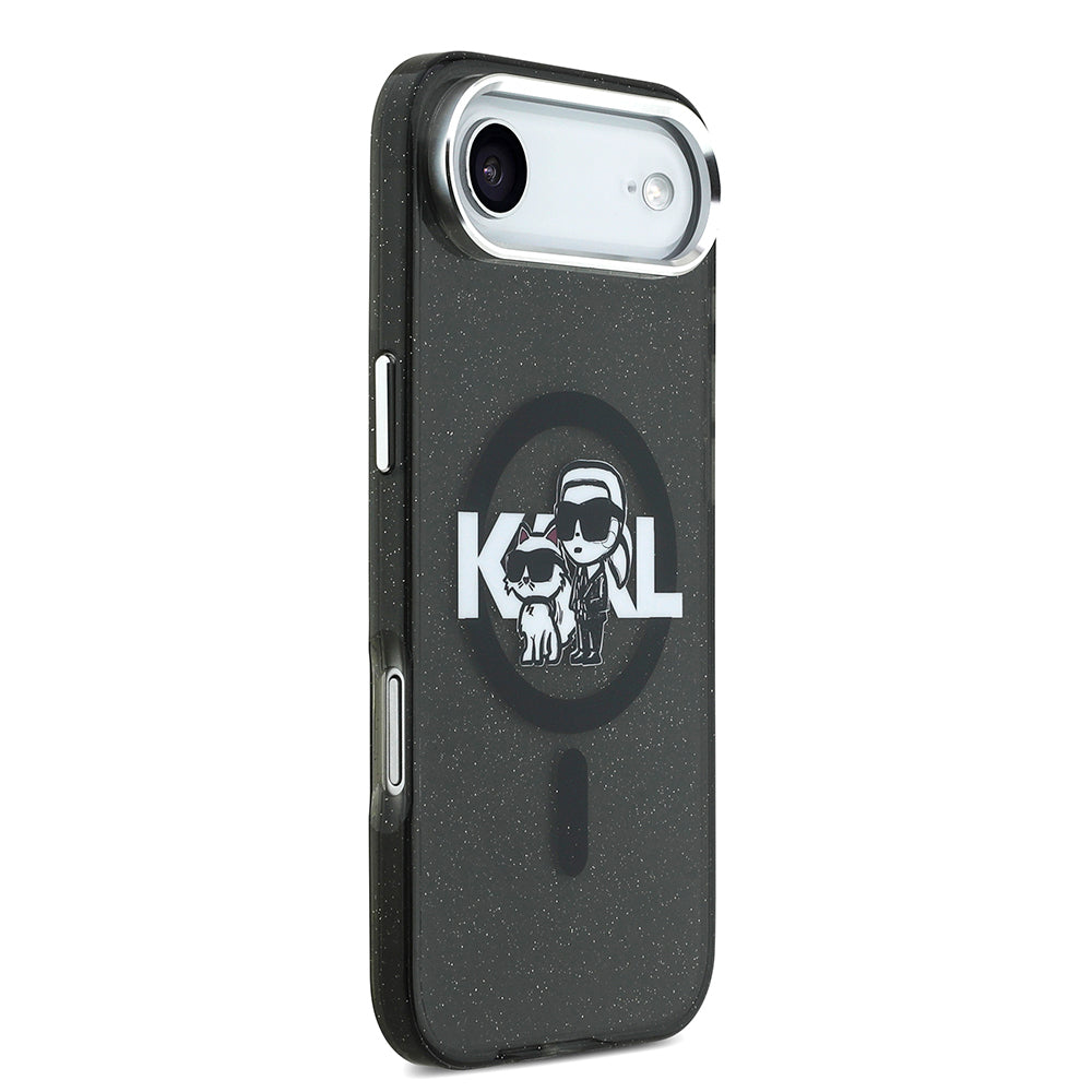 Apple iPhone 17 Air Kılıf Karl Lagerfeld Orjinal Lisanslı Parlayan Simli Karl & Choupette Sketch Logo Kapak Siyah