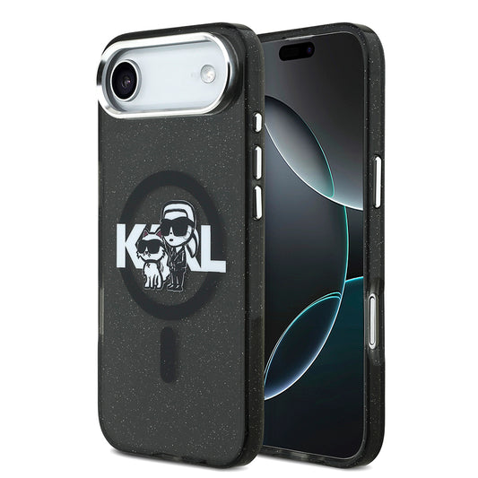 Apple iPhone 17 Air Kılıf Karl Lagerfeld Orjinal Lisanslı Parlayan Simli Karl & Choupette Sketch Logo Kapak Siyah
