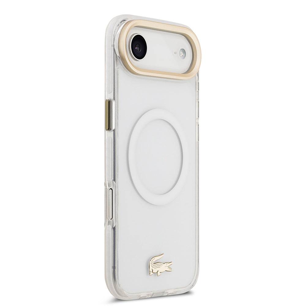 Apple iPhone 17 Air Kılıf Lacoste Orjinal Lisanslı M-safe Şarj Özellikli Gold Timsah Logolu Buzlu Kapak Beyaz