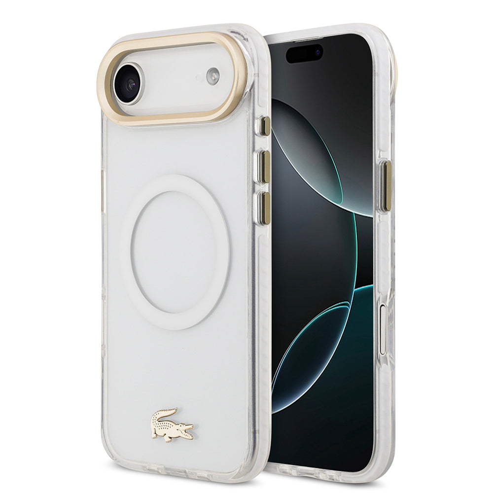 Apple iPhone 17 Air Kılıf Lacoste Orjinal Lisanslı M-safe Şarj Özellikli Gold Timsah Logolu Buzlu Kapak Beyaz