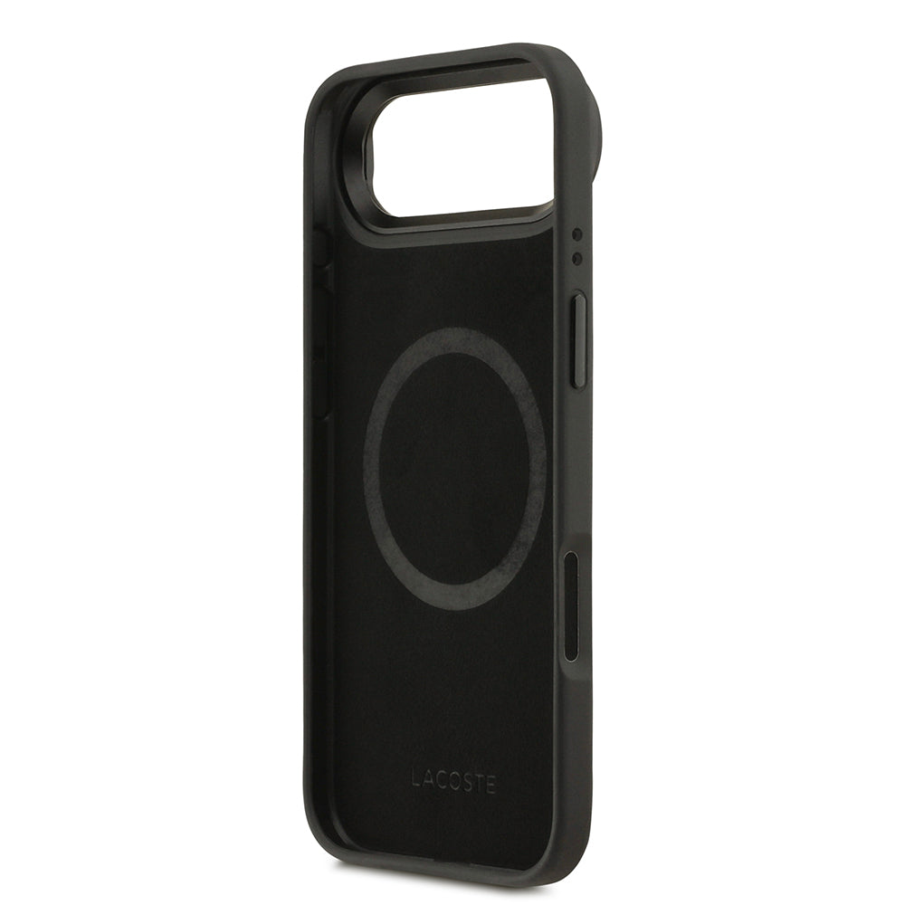 Apple iPhone 17 Air Kılıf Lacoste Orjinal Lisanslı M-safe Şarj Özellikli Standlı PU Deri Karışık Monogram Desenli Kapak Siyah