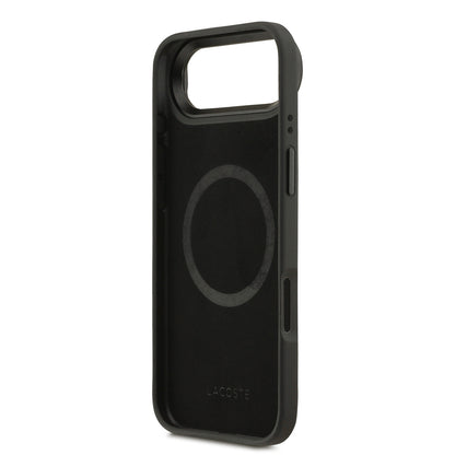 Apple iPhone 17 Air Kılıf Lacoste Orjinal Lisanslı M-safe Şarj Özellikli Standlı PU Deri Karışık Monogram Desenli Kapak Siyah