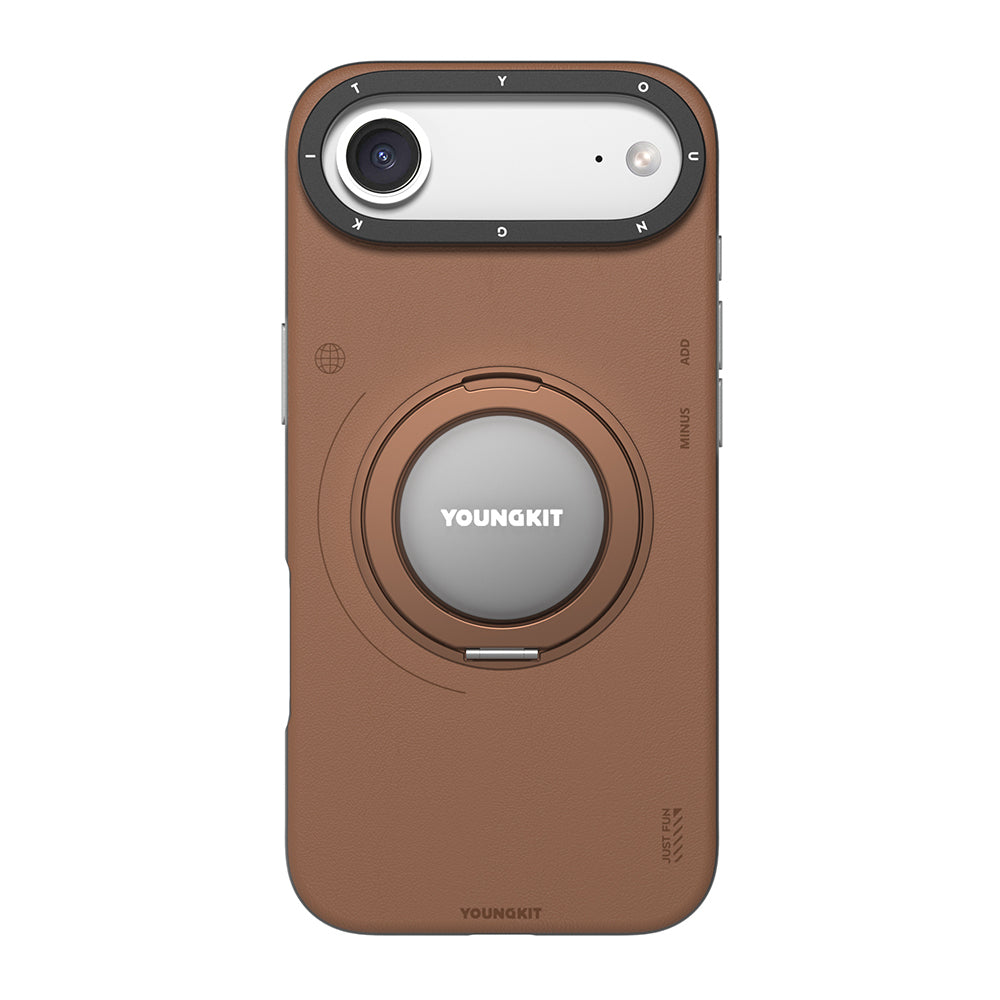 Apple iPhone 17 Air Kılıf M-safe Şarj Özellikli 360 Derece Standlı Basit Mat Deri Desenli Youngkit Tech Leather Serisi Kapak