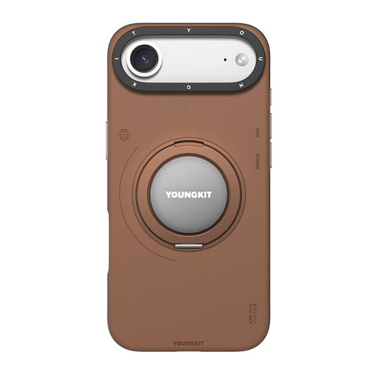 Apple iPhone 17 Air Kılıf M-safe Şarj Özellikli 360 Derece Standlı Basit Mat Deri Desenli Youngkit Tech Leather Serisi Kapak