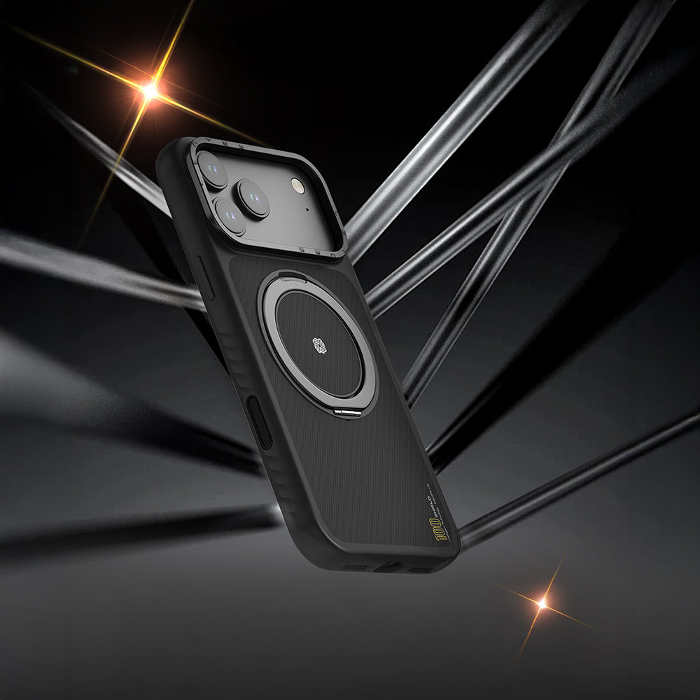 Apple iPhone 17 Air Kılıf M-safe Şarj Özellikli Metal Standlı Lenyes CK225 Kevlar Kapak Siyah