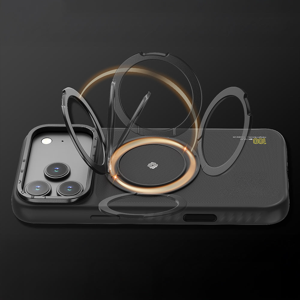 Apple iPhone 17 Air Kılıf M-safe Şarj Özellikli Metal Standlı Lenyes CK225 Kevlar Kapak Siyah