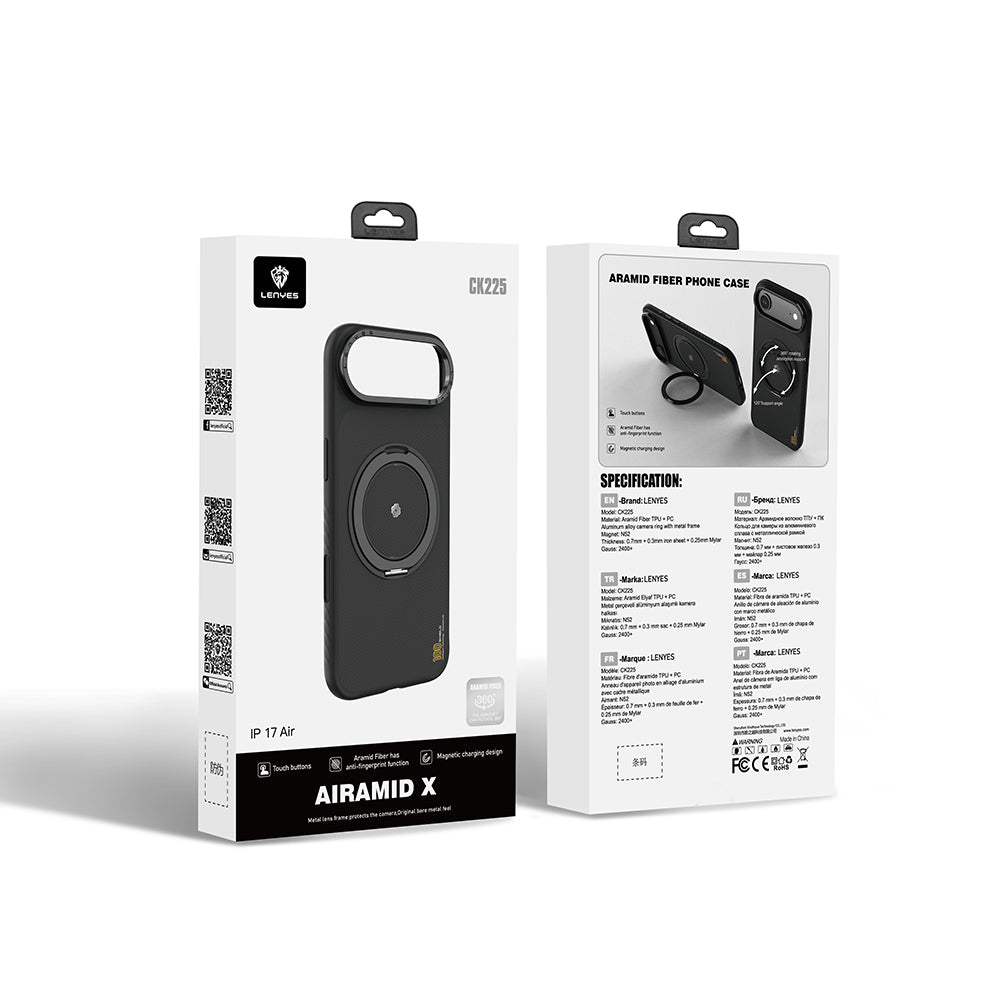 Apple iPhone 17 Air Kılıf M-safe Şarj Özellikli Metal Standlı Lenyes CK225 Kevlar Kapak Siyah