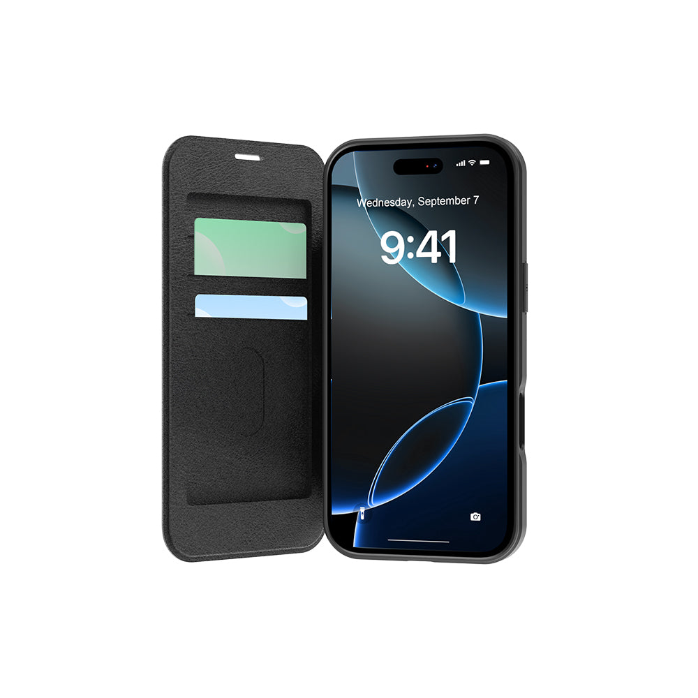 Apple iPhone 17 Air Kılıf M-Safe Şarj Özellikli Raptic Air Folio Şeffaf Kartlıklı Kapaklı Kılıf Siyah