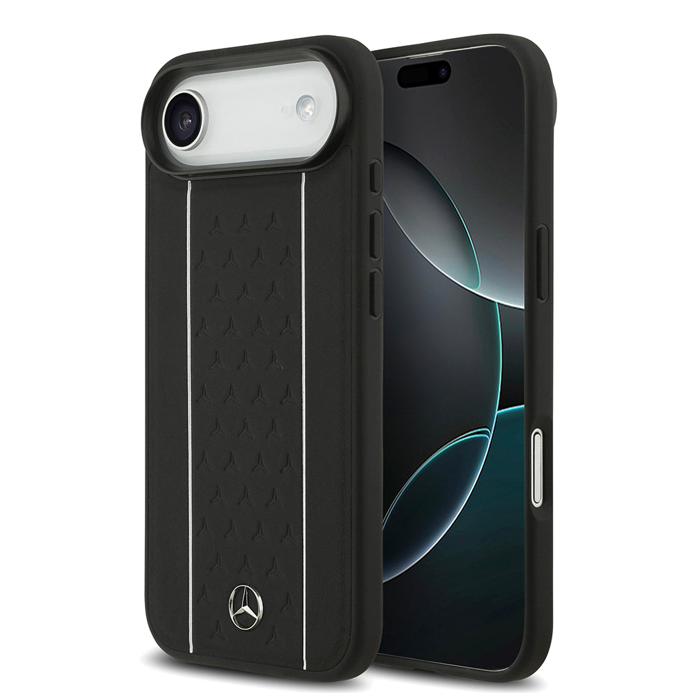 Apple iPhone 17 Air Kılıf Mercedes Benz Orjinal Lisanslı M-safe Şarj Özellikli Şeritli Yıldız Desenli Metal Logolu Deri Kapak Lacivert