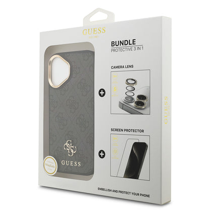 Apple iPhone 17 Guess Orjinal Lisanslı 4G ve Yazı Logolu Kılıf + Ekran Koruyucu + Lens Koruyucu 3in1 Aksesuar Seti Kahverengi