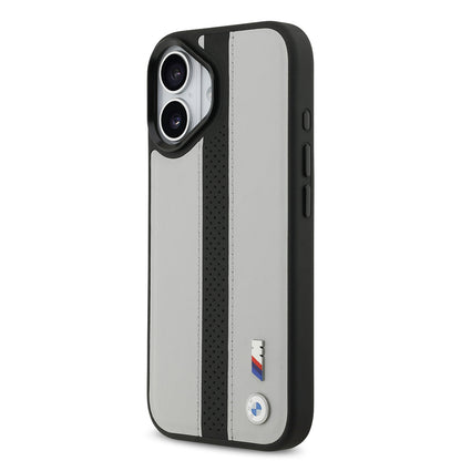 Apple iPhone 17 Kılıf BMW Orjinal Lisanslı M-safe Şarj Özellikli Deri Arka Yüzey Metal Logolu Delikli Şerit Tasarımlı Kapak Mavi