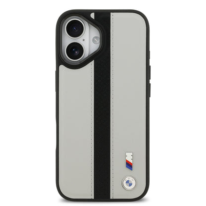 Apple iPhone 17 Kılıf BMW Orjinal Lisanslı M-safe Şarj Özellikli Deri Arka Yüzey Metal Logolu Delikli Şerit Tasarımlı Kapak Mavi