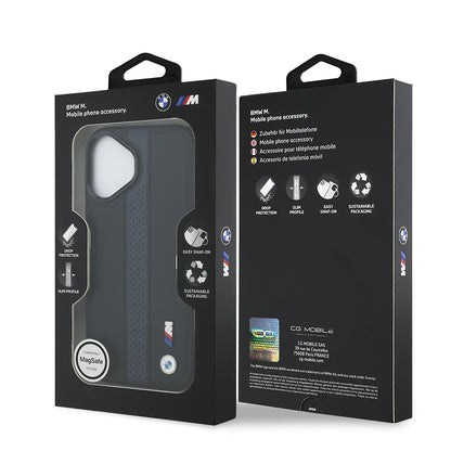 Apple iPhone 17 Kılıf BMW Orjinal Lisanslı M-safe Şarj Özellikli Deri Arka Yüzey Metal Logolu Delikli Şerit Tasarımlı Kapak Lacivert